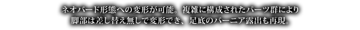 ネオバード形態への変形が可能。複雑に構成されたパーツ群により脚部は差し替え無しで変形でき、脚底のバーニア露出も再現。